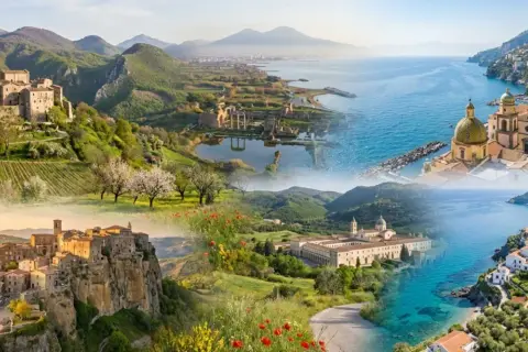 Collage di borghi da visitare in Campania: castelli arroccati, antiche rovine, chiese con cupole colorate e villaggi costieri.