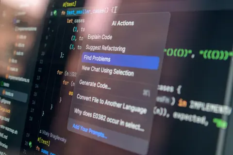 Abstrakcja Java w kodzie, menu AI z opcją "Find Problems" i sugestiami refaktoryzacji.