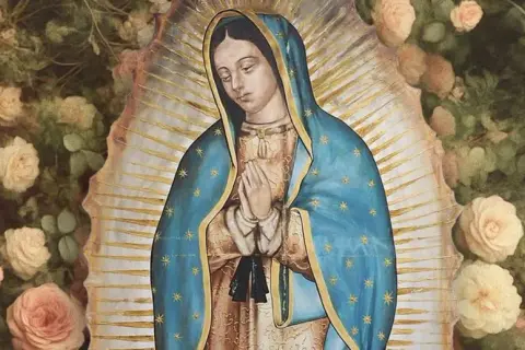 Obraz Matki Bożej z Guadalupe otoczony różami. Modlitwa nowenna do Matki Bożej z Guadalupe.