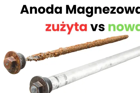 Zużyta, skorodowana anoda magnezowa obok nowej, lśniącej. Widać różnicę w stanie technicznym.