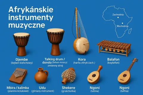 Różnorodne afrykańskie instrumenty muzyczne: bębny djembe, kora, balafon, mbira, udu, shekere i ngoni.