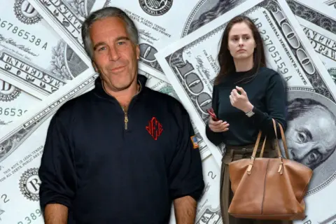 Mark Epstein na tle banknotów dolarowych. Obok niego młoda kobieta z torebką.