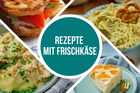 Vier Gerichte mit Frischkäse: Waffel-Sandwich, Dip, Hähnchen mit Kartoffelpüree und Kuchen.