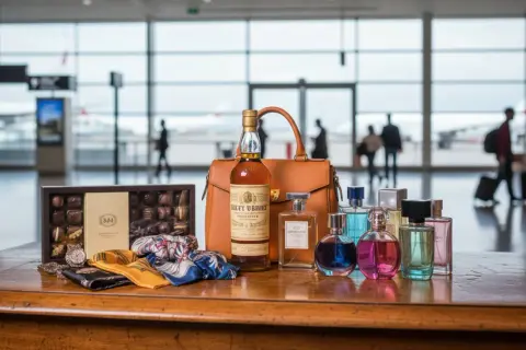Luksusowe perfumy, czekoladki i akcesoria czekają na podróżnych na lotnisku. Idealne prezenty na podróż.