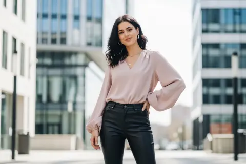 Elegancka, pudrowa bluzka z bufiastymi rękawami świetnie komponuje się ze skórzanymi spodniami, tworząc stylowy miejski look.