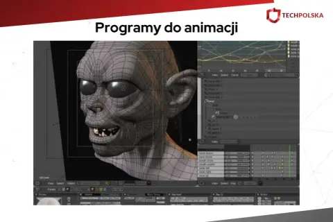 Model postaci z gry, tworzony w programie do animacji. Widoczne siatki 3D i linie czasowe.