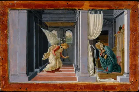 Zwiastowanie: Archanioł Gabriel klęczy przed Maryją w architektonicznym wnętrzu.