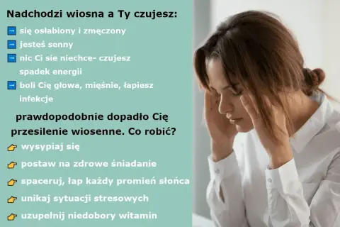 Kobieta z rękami na skroniach, czując objawy przesilenia wiosennego: osłabienie, senność, bóle głowy. Porady: wysypiaj się, jedz zdrowo, spaceruj.