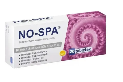 Opakowanie leku NO-SPA, 20 tabletek. Pomocne przy bólach brzucha, także w ciąży.