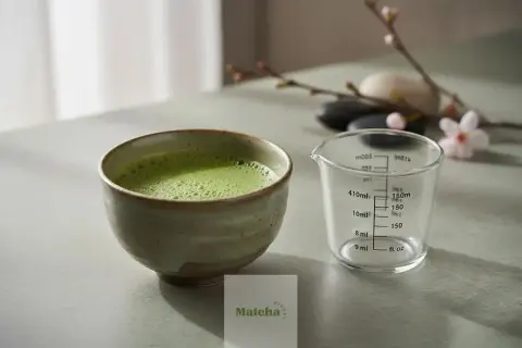 Un bol de matcha mousseux et une tasse à mesurer graduée, prêts pour vous montrer comment faire un matcha parfait.