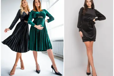 Elegancka sukienka welurowa plus size w kolorze zielonym i czarnym. Dwie kobiety prezentują modele z plisowanym dołem i złotym zdobieniem.