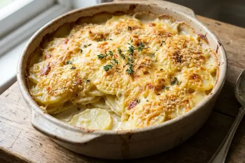 Un gratin dauphinois doré et crémeux, garni de thym frais, prêt à être dégusté.