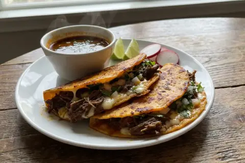Här är ett läckert birria tacos recept! Krispiga tacos fyllda med mört kött och ost, serverade med en smakrik buljong.