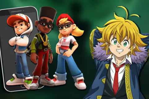 Personnages de jeux mobiles, dont Jake de Subway Surfers, aux côtés de Meliodas. Le meilleur jeux mobile gratuit pour s'amuser.