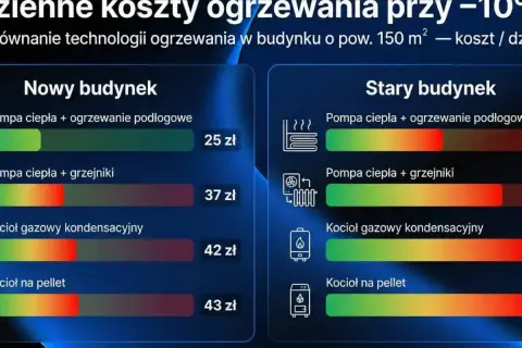 Porównanie kosztów ogrzewania domu 150 m² przy -10°C. Sprawdź, czym ogrzać dom: pompa ciepła, kocioł gazowy czy na pellet.