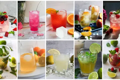 Vielfalt an erfrischenden Sommergetränken und Cocktail-Rezepten mit Früchten, Minze und Eis.