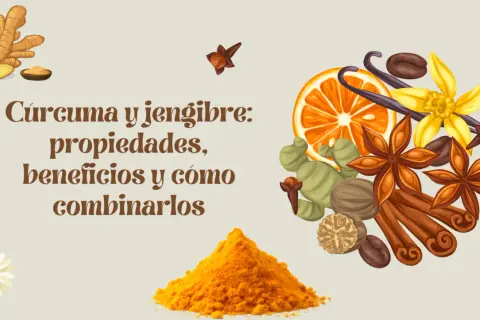 Montaje de cúrcuma y jengibre, con especias como anís estrellado, canela, vainilla, clavo, nuez moscada, granos de café y rodaja de naranja.