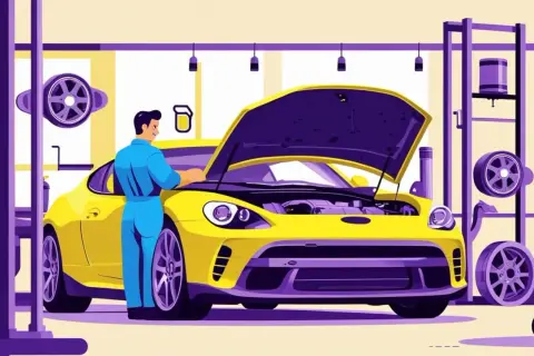 Meccanico in officina controlla il motore di un'auto gialla con il cofano aperto. Il tagliando è obbligatorio per la sicurezza.