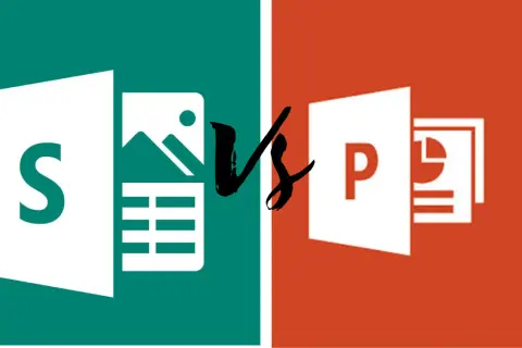 Zielona ikona z literą "S" i grafiką krajobrazu kontra czerwona ikona z literą "P" i wykresem. Porównanie narzędzi do tworzenia prezentacji, w tym Microsoft Sway.