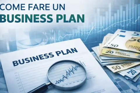 Modello business plan excel gratis: un documento con grafici, lente d'ingrandimento e banconote.