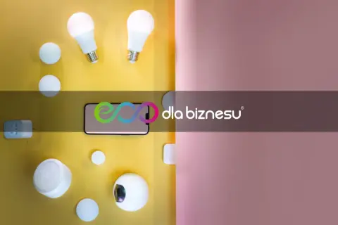 Inteligentne żarówki, głośnik, wtyczka i telefon. Nowoczesna energia elektryczna jednostka dla domu i biznesu.
