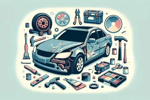 Auto danneggiata circondata da attrezzi e colori, pronta per riparazioni. Si vedono nomi carrozzeria auto e parti di ricambio.