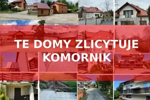 Kolaż zdjęć domów z napisem "TE DOMY ZLICYTOWUJE KOMORNIK". Okazja do zakupu nieruchomości na licytacja komornicza.