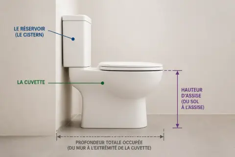 Vue latérale d'un WC blanc, avec des annotations indiquant la dimension wc : hauteur d'assise, profondeur totale occupée, réservoir et cuvette.