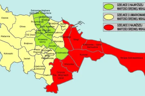 Mapa dzielnic Gdańska z podziałem na wskaźniki: zielone (najwyższe), żółte (umiarkowane), czerwone (najniższe).