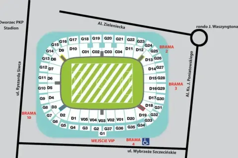 Mapa stadionu z sektorami i bramami. Najgorsze miejsca na stadionie narodowym to te najdalej od murawy, np. sektory G1-G10.