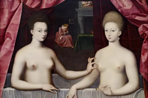 Gabrielle d'Estrées and one of her sisters, nude, with a servant in the background. One sister offers a ring to the other.