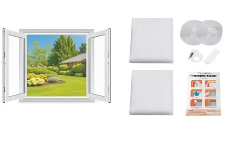 Kit para instalación de mosquiteras: mallas blancas, velcro, cortador y manual de instrucciones para proteger tu hogar de insectos.