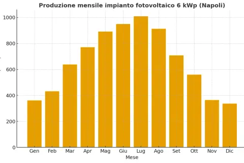 Grafico a barre mostra quanto produce un pannello fotovoltaico a Napoli, con picchi in estate e cali in inverno.