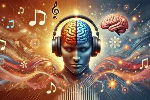 Kopfhörer auf einem Gehirn, umgeben von Noten und Wellen. Musik ist wichtig, weil sie das Gehirn stimuliert und Emotionen weckt.