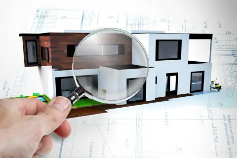 Szczegółowy przegląd 5 letni budynku z planami architektonicznymi i lupą.
