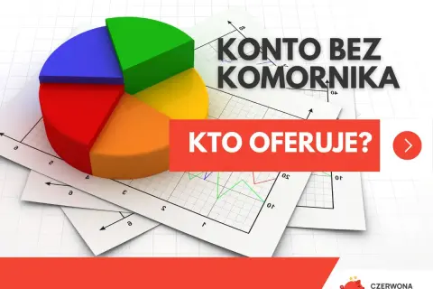 Kolorowy wykres kołowy na tle wykresów finansowych. Napis "Konto bez komornika" i "Kto oferuje?".