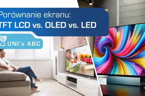 Porównanie ekranów: TFT LCD vs. OLED vs. LED. Para ogląda telewizor, który wyświetla kolorowy obraz.