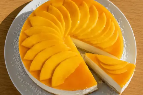 En krämig mango cheesecake med färska mangoskivor som pryder toppen. En bit är uppskuren och visar den vita fyllningen.
