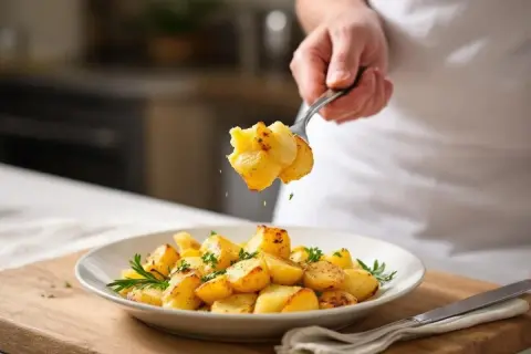 Une fourchette soulève des pommes de terre sautées dorées et garnies d'herbes fraîches, servies dans une assiette blanche.