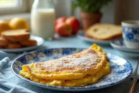 Puszysty omlet z jabłkiem, posypany cukrem pudrem, na talerzu z niebieskimi wzorami. Obok mleko, tosty i filiżanka kawy.
