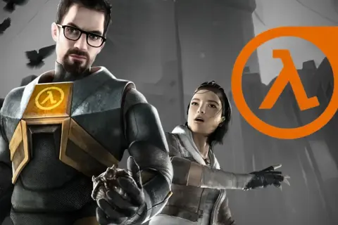 Gordon Freeman i Alyx Vance w oczekiwaniu na Half Life 3. Pomarańczowe logo z symbolem lambda i cyfrą 3.