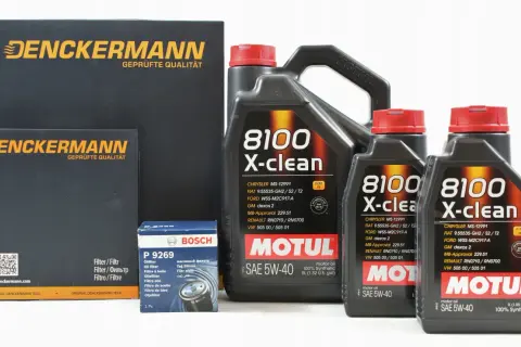 Zestaw produktów samochodowych: olej silnikowy Motul 8100 X-clean SAE 5W-40 i filtry Denckermann.