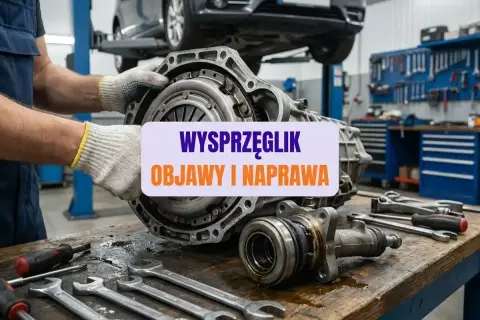 Mechanik pokazuje uszkodzony wysprzęglik. Na stole leżą klucze i narzędzia. Naprawa skrzyni biegów jest w toku.