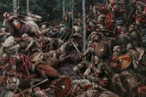 Una escena caótica de la batalla de Covadonga, con guerreros luchando cuerpo a cuerpo, caballos y escudos por doquier.
