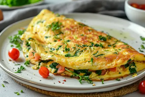 Złocisty omlet z serka wiejskiego, wypełniony szpinakiem i pomidorkami, posypany świeżą natką pietruszki. Pyszne śniadanie.