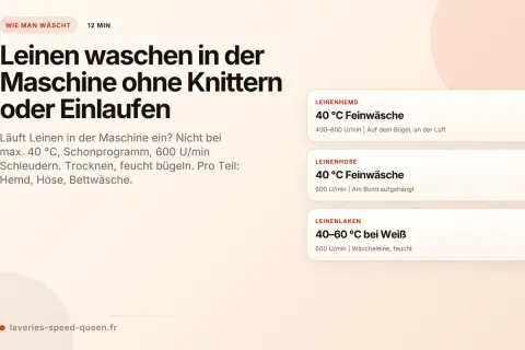 Leinen waschen ohne Einlaufen: Max. 40°C, Schonprogramm, 600 U/min. Trocknen, feucht bügeln. Vermeiden Sie die Nachteile von Leinen durch richtige Pflege.