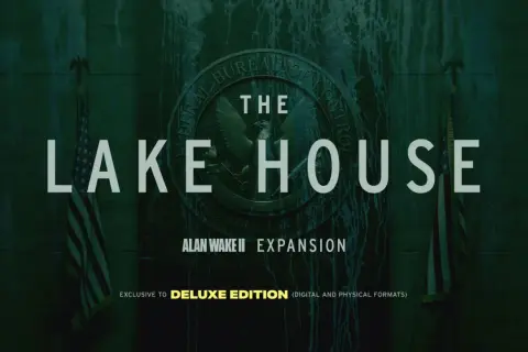 Grafika z napisem "The Lake House", logo Federal Bureau of Control i flagą USA.