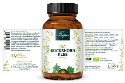 Flasche mit Bio Bockshornklee Kapseln. Die Inhaltsstoffe sind auf dem Etikett aufgeführt, darunter Bio Bockshornkleesamenpulver.