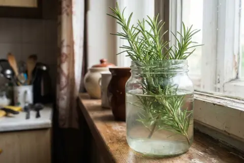 Gałązki rozmarynu w słoiku z wodą na parapecie. Idealny do przyprawiania potraw i do aromaterapii.