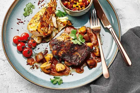 Herzhaftes Gericht mit gebratenem Fleisch, Pilzen, Kohl und Tomaten. Die Sauce verströmt den vollen Geschmack von Umami.